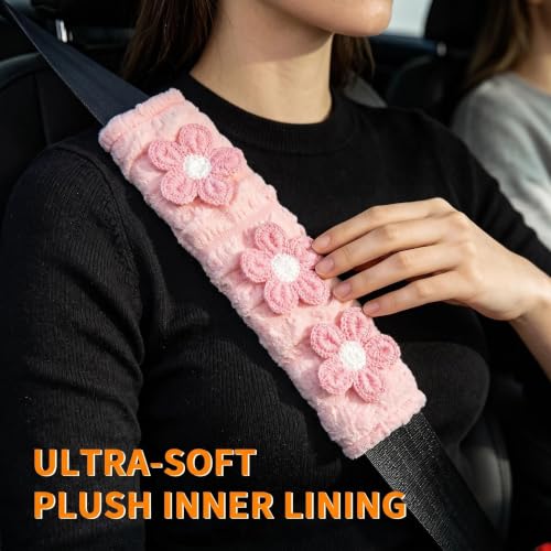 Image of Cute Pink Flower Seat Belt Cover Pads for Women Girls - Soft Plush Seatbelt Cushion, Fun Car Accessories (2, Pink Flower Pink Seersucker Pad)