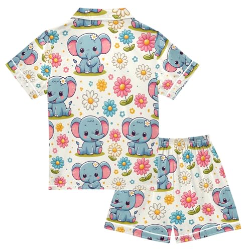 ALAZA Cute Cartoon Elephant Daisy Flower Pajamas Satin Pajama Set Short Sleeve Button Down Sleepwear2