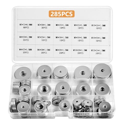 285 PcsWashers for Screws, Stainless Steel Flat Penny Washer for Bolts and Nuts Repair, Metal Washers Assorted M3 M4 M5 M6 M8 M10 M12 Washer Set