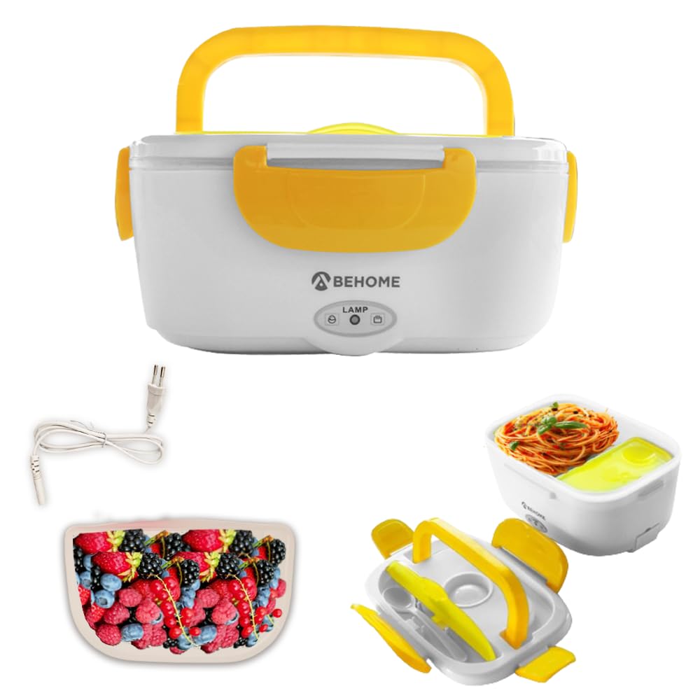 BEHOME Scaldavivande Elettrico Portatile con 2 Contenitori Removibili 1,5 Litri Lunch Box con vano portaposate e Cucchiaio (Giallo)
