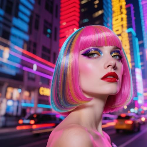Image of ANOGOL Hair Cap + (Sunglasses) Rainbow Wig Blue Pink Bob Wig with Bangs Womens Party Wigs with Sunglasses Short Neon Wig Daily Party Fun Wigs Women Halloween Costume Pride Day Bachelorette Hair