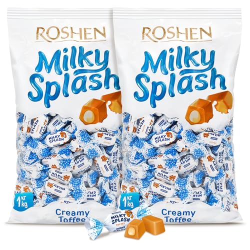 Roshen Milky Splash Toffee Candy, Creamy Toffee with Milk Filling, 2.2 Lb (1 kg) Individually Wrapped Smooth Dairy Toffee Delight, Kosher, Halal (Pack of 2)