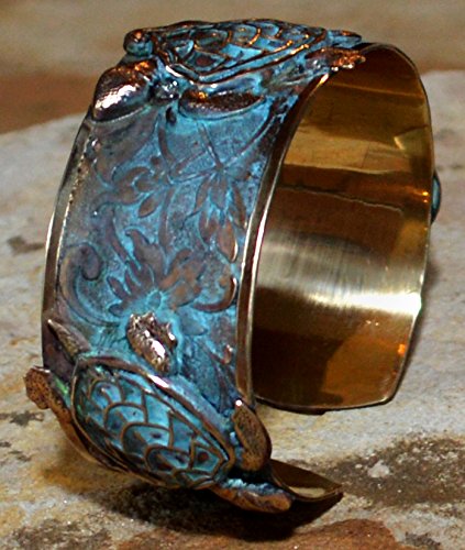 Elaine Coyne Collectible Artwear Classic Sea Turtle Cuff Bracelet - Usa Made - Verdigris Patina Brass #TOP2