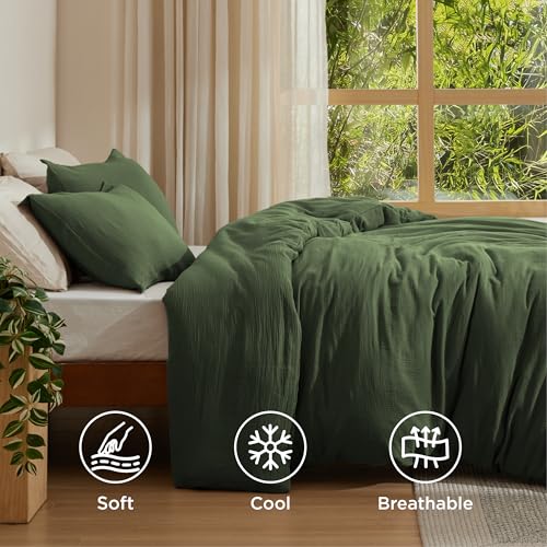 Image of Bedsure Muslin Duvet Cover Queen Size - Cotton Blend Viscose Derived from Bamboo, Cooling Duvet Cover, PureWoven Ultra-Soft & Breathable Bedding Set for All Seasons (Olive Green, 90 inchx90 inch)