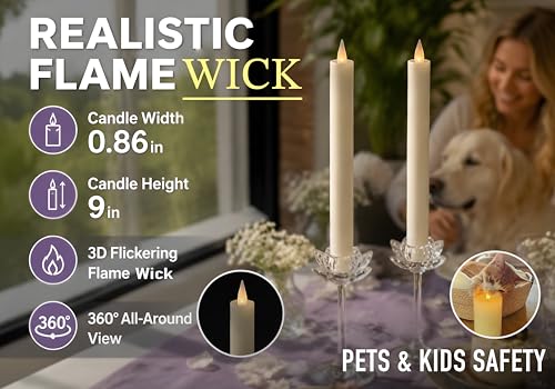 Image of Flameless Taper Candles Flickering with Remote and Timer, 3D Moving Flame Taper Candle Battery Operated to 400 Hours, 9 Inch Window Candles, (Ivory)