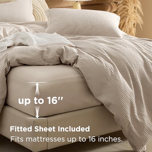 Image of Bedsure 100% Cotton Waffle Duvet Cover Set with Fitted Sheet, Queen, Linen | Waffle Texture, Breathable, Skin-Friendly, OEKO-TEX Certified, Good Housekeeping Seal, All-Season, Machine Washable