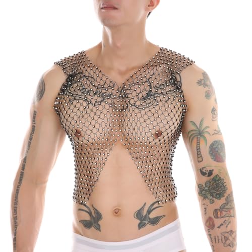 Débardeur en résille pour homme avec strass brillants et coupe courte sans manches