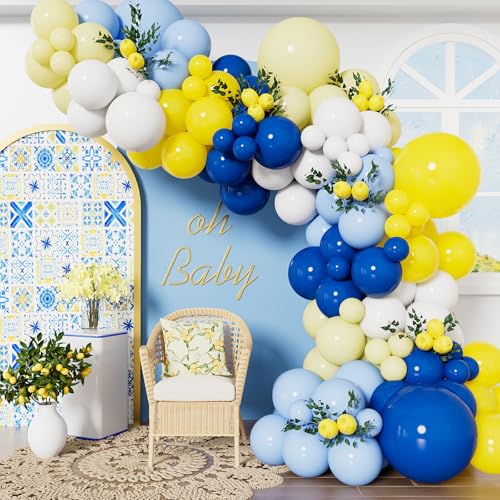 Adeyoo Blue and Yellow Balloon Garland Arch Kit - Royal Blue Yellow Balloons Pastel White Latex Balloon Bright Party Balloon for Birthday Baby Shower Anniversary Wedding Party Decorations