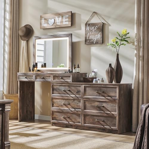 Aitjunz 69" W Big Vanity Desk with Glass Top, Farmhouse