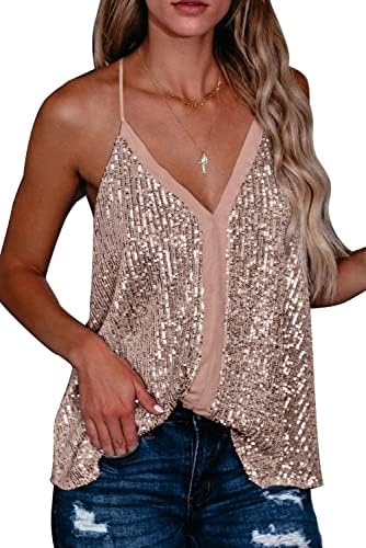 Shawhuwa Women's Sexy V Neck Night Club Sequin Tank Tops Casual Loose Strappy Racerback Camisoles Sleeveless Cami Shirt Blouses Small Pink