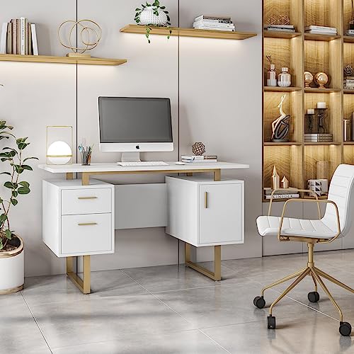 Modern Office Desk with Storage Drawers and Cabinet - White/Gold