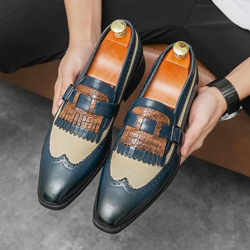 XENTORD Men's Leather Monk Strap Dress Loafers Wingtip Brogue Design with Tassel Detail Comfortable Slip-On Business Casual Shoes for Office Tuxedo Formal Events4