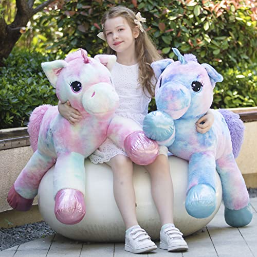 MorisMos Großes Einhorn Plüschtier Rosa Riesiges Gefülltes Einhorn Tie-Dye Plüschtier Plüschkissen Mädchen Geschenk, Weihnachten 110cm