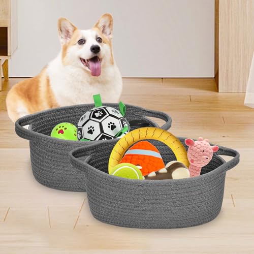 Image of ABenkle Small Basket with Handles, Boho Decorative Rope Woven Dog Cat Toy Storage Bin Shelf Storage Organizer, Easter Christmas Gift Basket, 12 inchx8 inchx5 inch