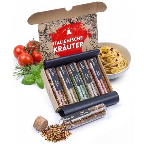 TIMBER TASTE® Italienische Gewürze Geschenkset - 5 mediterrane Mischungen Impasto Pizza Caprese Pesto Aglio Piccante | Antipasti Pasta Männergeschenke Feinkost | Gewürze Set - Geschenke für Männer