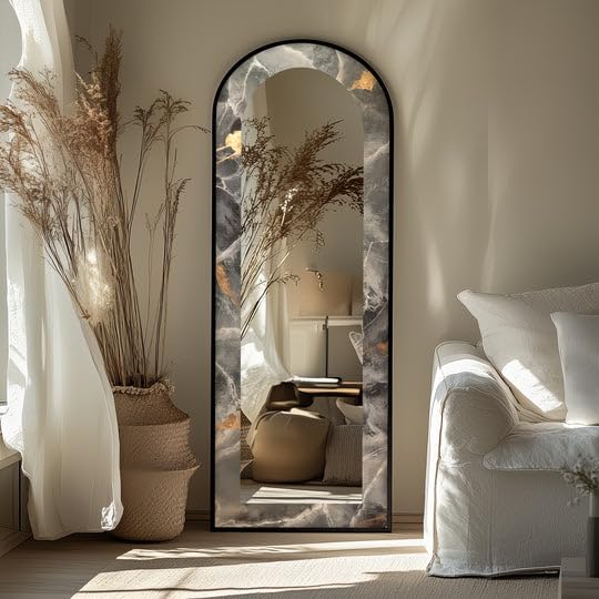 Specchio da pavimento astratto con venatura in marmo fumé da 63,5 x 160 cm (larghezza x altezza), specchio da pavimento con cornice nera e cornice nera