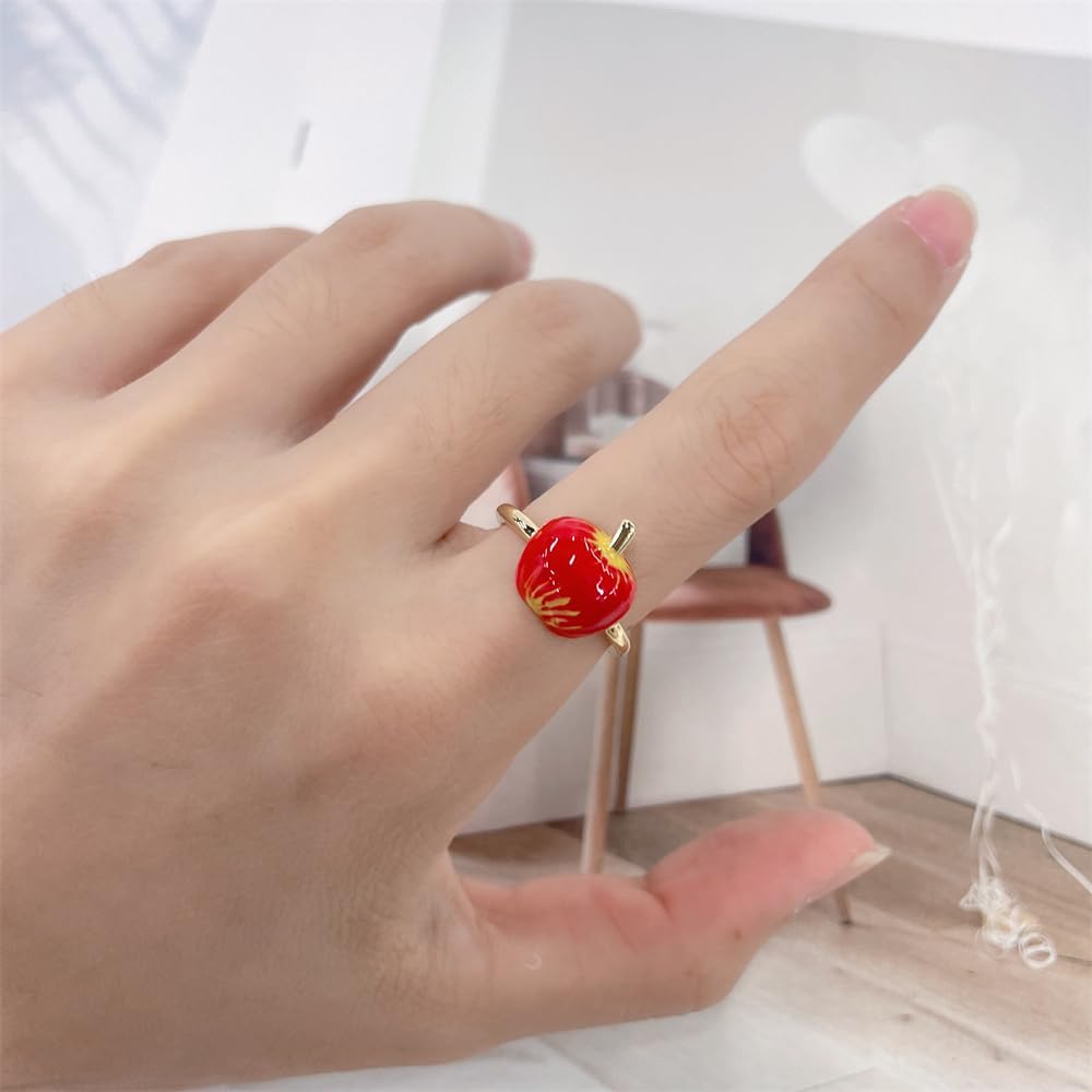 Cute Red Apple Enamel Adjustable Open Ring for Women Gold Plated Dainty Sweet Fruit Statement Stackable Finger Band Rings Comfotr Fit Fashion Jewelry - Image 5