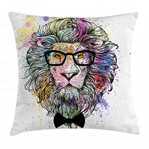 Ambesonne Fashion Throw Pillow Cushion Cover, Retro Style Hipster Lion with Glasses and Bowtie King of Animals in a Splash Style Art, Decorative Square Accent Pillow Case, 20" X 20", Charcoal Purple
