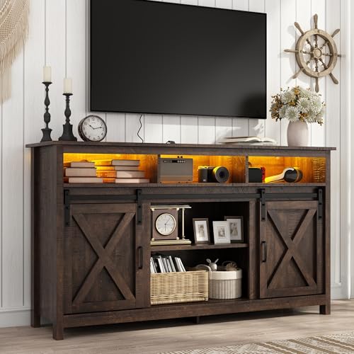Vinctik 6&Fox 57In Wooden Farmhouse Entertainment Center for 60/65 inch TV,Double Layer Storage Farmhouse TV Stand,Double-Row Sockets with Wood Sliding Barn Door TV Stand(Double Layer Rustic Brown)
