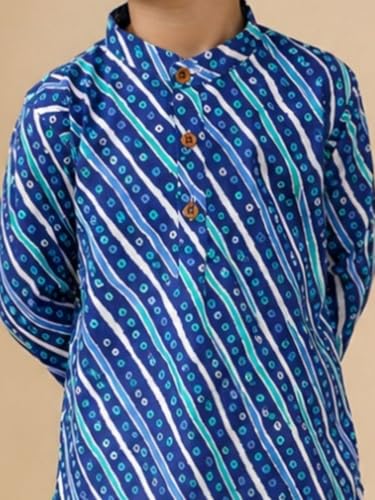 Image of superminis Cotton Boys Sanganeri Lehariya Printed Kurta Set with White Pyjama Elastic Closure