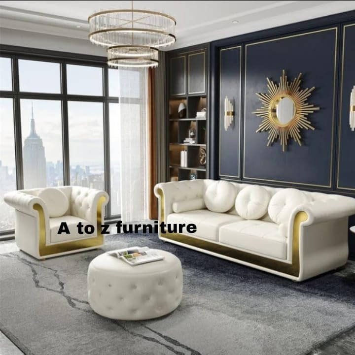 Image of A to Z Furniture Classic Chesterfield Sofa Set Luxury Chesterfield Sofa in for Home Living Room & Office (White)