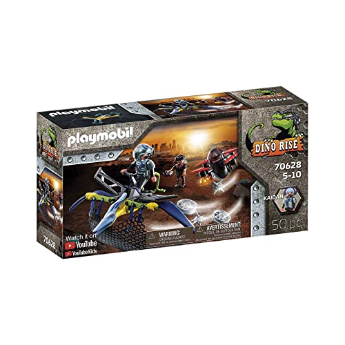 PLAYMOBIL Dino Rise 70628 Attacke aus der Luft: Dinosaurier Pteranodon mit Wurfgeschossfangnetz und Teammitglied Kaidan vs. Bösewicht mit Roboterdrohne, Ab 5 Jahren