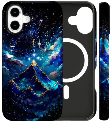 flewfun Magnetic for iPhone 16 Case Blue Phone Case, Starry Sky Mountains