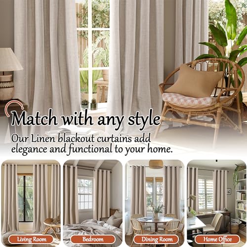 Lajode Beige 100% Blackout Curtains for Living Room 84 Inch Length 2 Panels Set, Thermal Insulated Light Blocking Faux Linen Curtains for Bedroom, Bronze Grommet Boho Window Drape Each 52" Wide by Lajode - Image 7