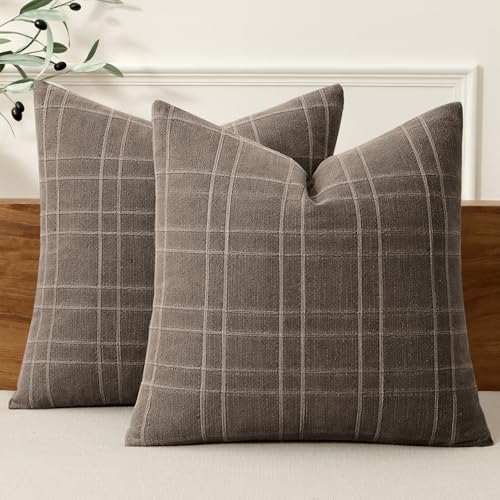 Image of MIULEE Decorative Linen Check Throw Pillow Covers Neutral Farmhouse Vintage Pillow Covers 20x20 Set of 2 Boho Modern Winter Home Decor for Sofa Couch Bedroom Cushion Brown