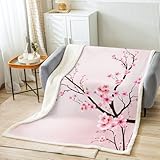 Girls Cherry Blossoms Fleece Blanket Women Floral Sakura Flowers Branch Sherpa Throw Blanket for Bed Sofa Couch Decor Pale Pink Floral Plush Blanket Soft Japanese Spring Fuzzy BlanketBaby 30'x40'