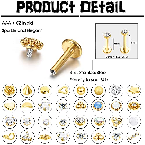 Sanfenly Lip Rings for Women Men 16G Medusa Labret Lip Piercing Jewelry 6MM Lip Ring Studs Gold Tragus Helix Cartilage Earrings - Thumbnail 3