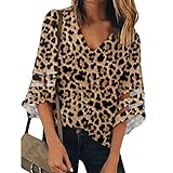 Beauty Collector Women’s Leopard 3/4 Bell Sleeve V Neck Lace Patchwork Blouse Casual Loose Shirt Tops