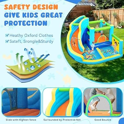 FBSPORT Inflatable Bounce House, Water Slide Park Slide Bouncer with Ball Shooting, Climbing Wall, Jumping and Splash Pool, Kids Bouncy Castle with 450W Air Blower for Outdoor Backyard