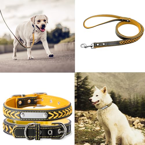 Geflochtenes Hundehalsband aus Leder Personalisierte Leder Hundehalsband mit Namen Gravur Gelb Halsband mit Namenschild für großen Hund Hundehalsbänder L