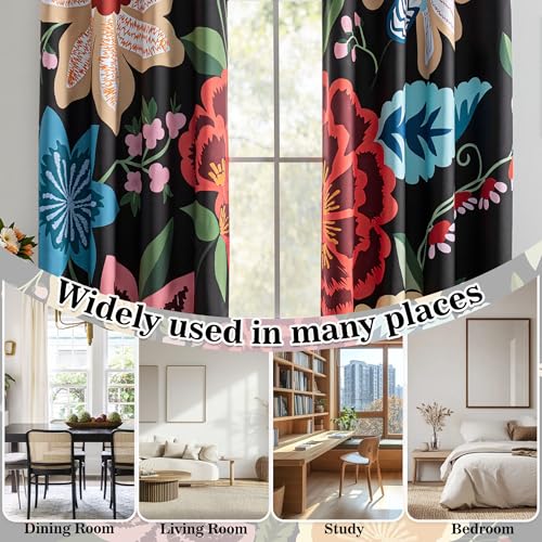 Image of MYSKY HOME Black Boho Floral Blackout Curtains 84 inch Length 2 Panels Set for Living Room Thermal Insulated Privacy Protect Black Out Flower Patterned Grommet Drape for Bedroom Dining Room, 52 inch x 84 inch