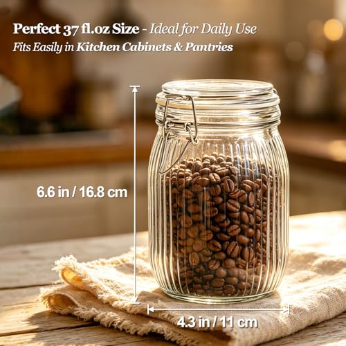 Image of ComSaf Ribbed Glass Storage Jars Airtight Lids 34oz 3 Pack Pantry Flour | BPA-free food-grade glass, ribbed texture, bulk flour & rice, pantry organization, kitchen canister set