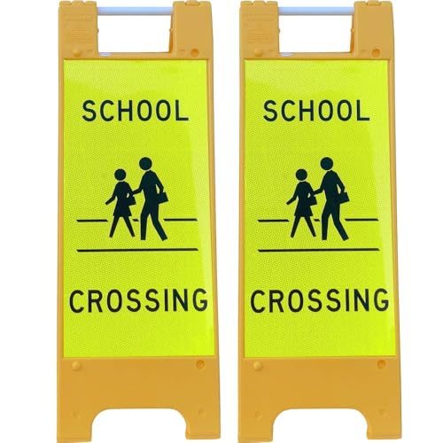 School Crossing Sign, Plasticade Yellow Narrowcade Sign Stand, 13 x 48 Inches, Yellow/Green, Double-Sided, Portable with Carrying Handle, Fluorescent Reflective Material, Made in The USA, Pack of 2