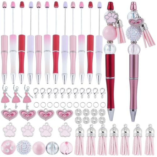 SUNNYCLUE DIY 12 Sets Valentine's Day Beadable Pen Making Kit with 20mm Pink Acrylic & Rhinestone Bubblegum Beads Supplies for Women Teachers School Nurses