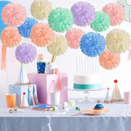 EASY JOY 15PCS Pastel Paper Tissue Pom Poms Decoration Macaron Rainbow Candy Ice Cream Easter Flowers Wall Hanging Decor for Birthday Wedding Baby Shower - Image 5