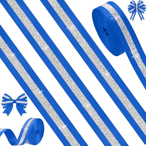 Tegeme 10 Yards Royal Blue Cheer Ribbon 7/8 Inch, Silver Glitter Ribbon