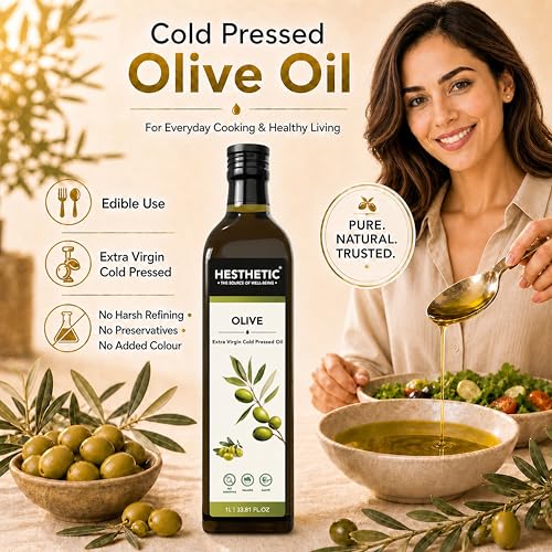 Image of HESTHETIC Premium Extra Virgin Olive Oil 1L | Cold-Pressed Mediterranean-Sourced EVOO | Unrefined, Low-Acidity | Glass Bottle | Cooking, Salad & Finishing Oil