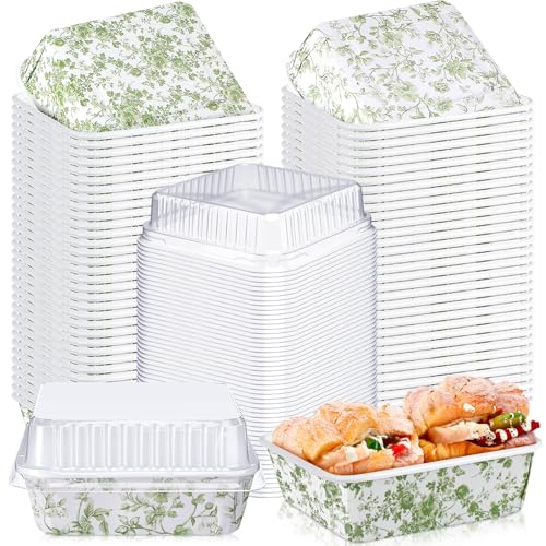 LemonRoad 100 Sets Green Floral Mini Loaf Pans with Lids Bulk, 4 x 4 x 1.6 in, Disposable Mini Cake Pans for Baking, Greaseproof Bread Cake Loaf Baking Molds for Wedding Birthday Party Picnics Gift  