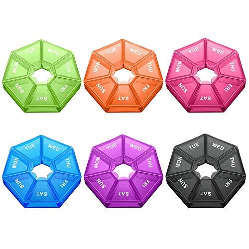6 Pieces Small Pill Organizer Round Pill Organizer Case Small 7-Day Pill Storage Box Mini Pill Storage Box 7 Sided Pill Organizer Pills Reminder Medicine Box (Vivid Colors)