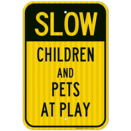 Children and Pets at Play Sign, Slow Down Sign, Large 12x18 3M Reflective (EGP) Rust Free .63 Aluminum, Weather/Fade Resistant, Easy Mounting, Indoor/Outdoor Use, Made in USA by Sigo Signs