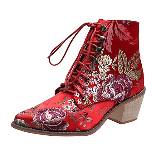 Woaikeyu Mode Fleurs Broderie Imprimés Bottines Femme Talon Carre Chic Booties Tête Pointu Bottes Courtes rouge 40