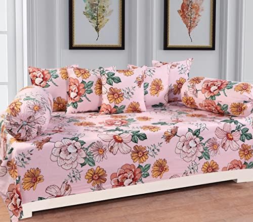 MISMIS Glace Cotton 160 TC 8 Pcs Diwan Set Covers of 1 Bedsheet 2 Bolster Covers and 5 Cushion Covers, Peach-picture-20