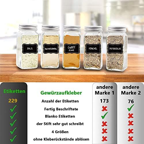 KASZOO Samoprzylepne etykiety na przyprawy (229 sztuk), 96 x gotowe etykiety, 133 x puste etykiety samoprzylepne naklejki na przyprawy i 4 x pisak, etykiety tablicowe do kuchni, słoików na przyprawy,