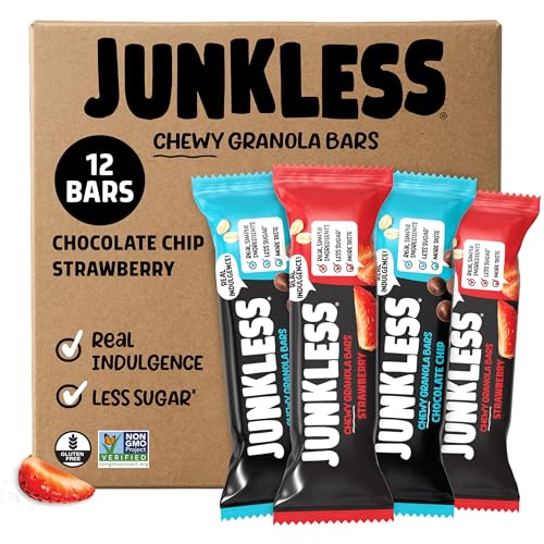 JUNKLESS Chewy Granola Bars Twin Pack – Chocolate Chip & Strawberry (12 Bars)–Less Sugar, Non-GMO, Gluten-Free, Wholesome Snack Bars for Kids & Adults, 2 Boxes - image 1