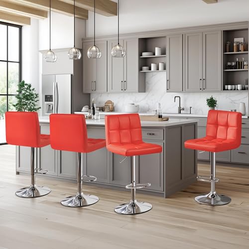 Image of Yaheetech Bar Stools Set of 4, Adjustable PU Leather Swivel Barstools, Modern Counter Stools with Back and Footrest, Counter Height Barstools for Bar, Kitchen, Dining Room, Red
