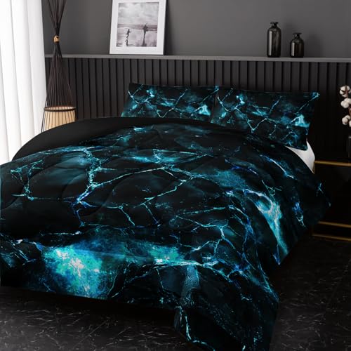 Image of Nttopship Blue Comforter Set King Size,Blue Marble Bedding Set 3 Pcs Bedding for Adults, Marble Room Decor with Comforter and 2 Pillowcases Soft and Lightweight B-Side Black